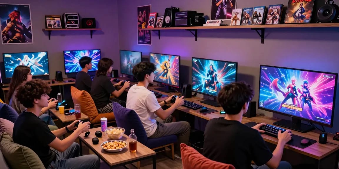Exciting scene of friends playing porno games together in a vibrant lounge.