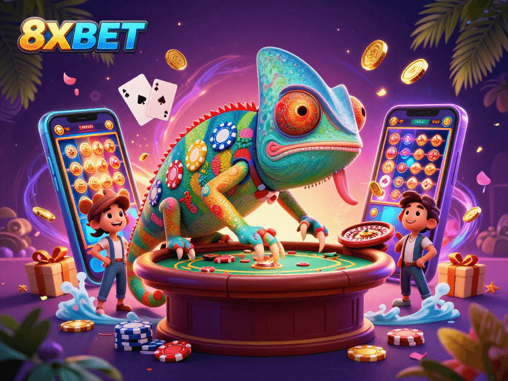 Spin the reels and win with 8XBET in a vibrant 3D casino scene filled with excitement.