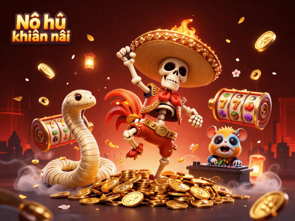 Nổ hũ khuyến mãi showcases vibrant characters celebrating after a big slots win, surrounded by golden coins and festive decorations.
