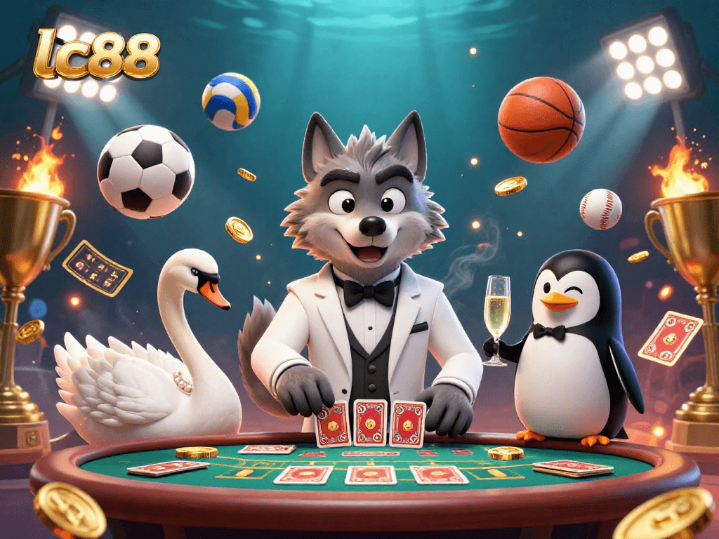 Experience thrilling gameplay at lc88 with a vibrant casino scene featuring a debonair wolf and elegant characters.