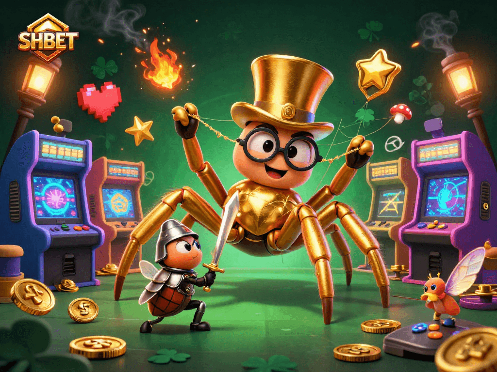 Engage in thrilling casino action with SHBET, featuring a golden spider and knight in a vibrant gaming scene.
