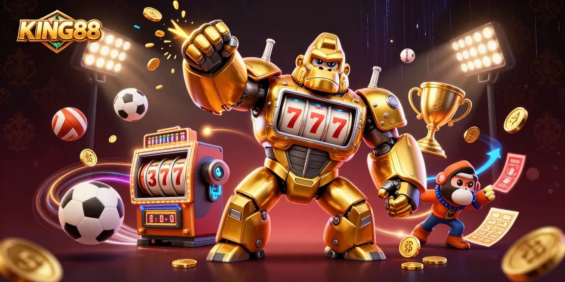 Experience the excitement of KING88 as golden gorilla mech dominates the casino scene with thrilling gaming elements.