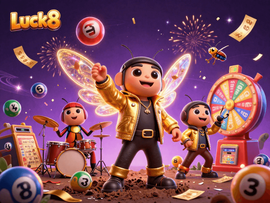 Luck8 enhances the gaming experience with vibrant characters and dynamic casino elements in a festive atmosphere.