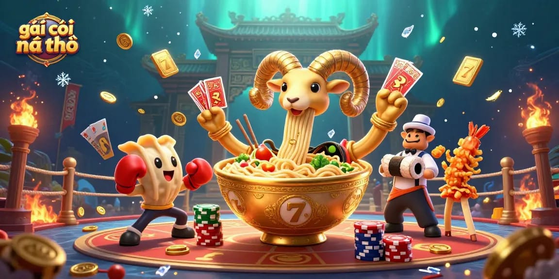 Engaging scene of a giant ramen bowl playing cards with a gyoza sidekick, symbolizing gái gọi cần thơ's gambling excitement.