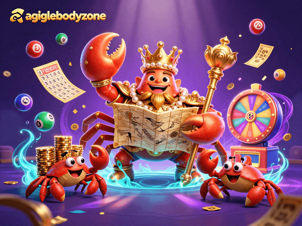 Experience the excitement of agilebodyzone with a dynamic illustration showcasing a golden crab emperor amidst colorful lottery elements.