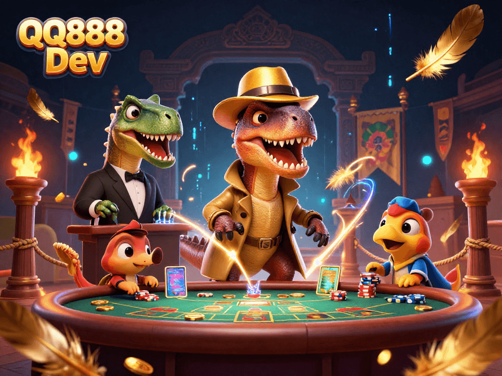 Win big with QQ888 Dev in this vibrant 3D casino scene featuring a clever velociraptor card counter.