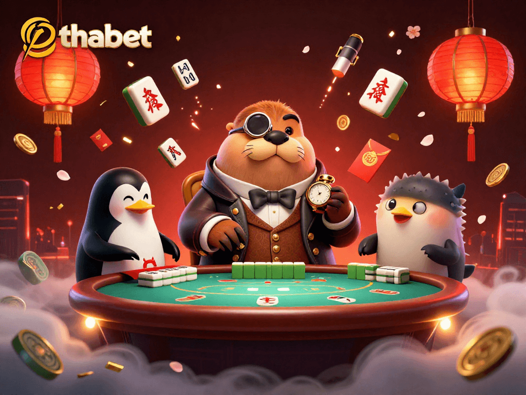 Experience thabet's underwater poker thrill with cartoon walrus dealer and vibrant gambling elements.