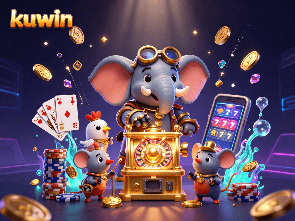 Experience the excitement at kuwin with a steampunk elephant engineer operating a golden slot machine.