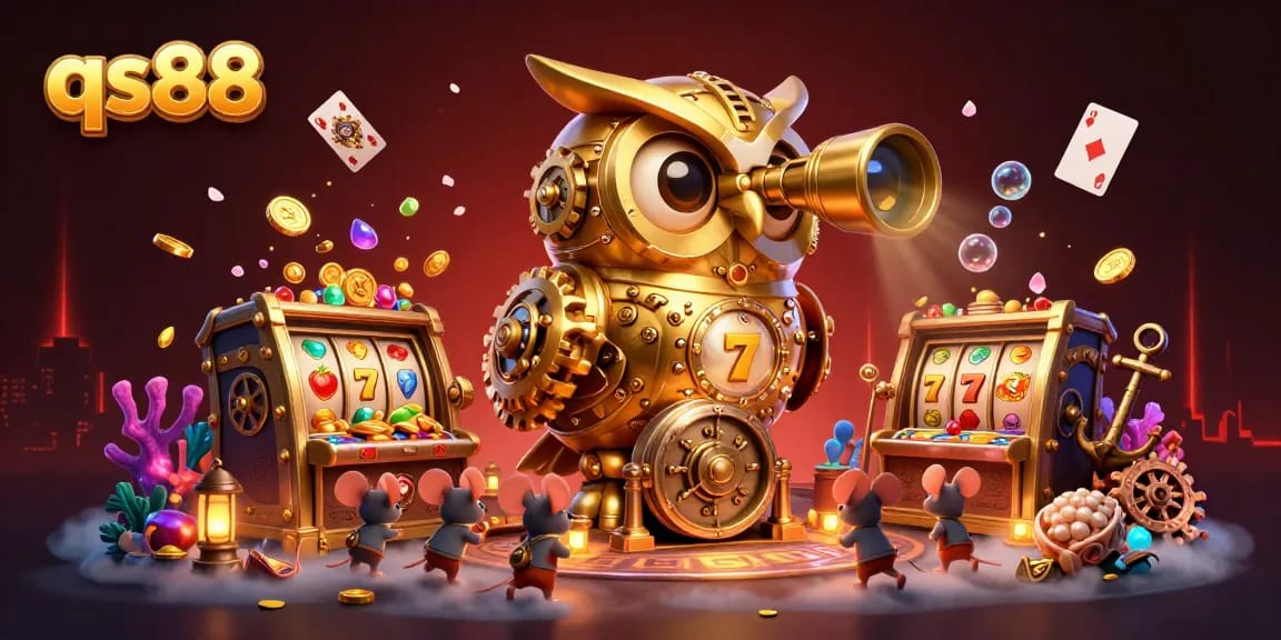 Win big at qs88 with an exciting scene of a golden owl overseeing vibrant slots and treasures.