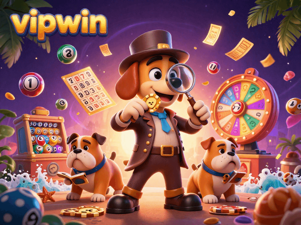 Engage in exciting games at vipwin with animated lottery elements and vibrant casino decor.