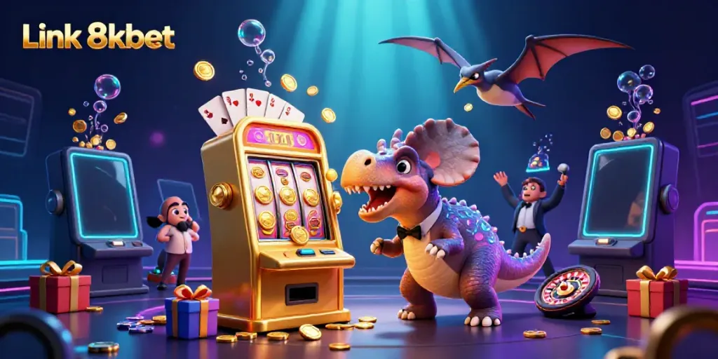 Engage with Link 8kbet as a pachycephalosaurus triggers a golden slot machine jackpot, surrounded by vibrant casino elements.