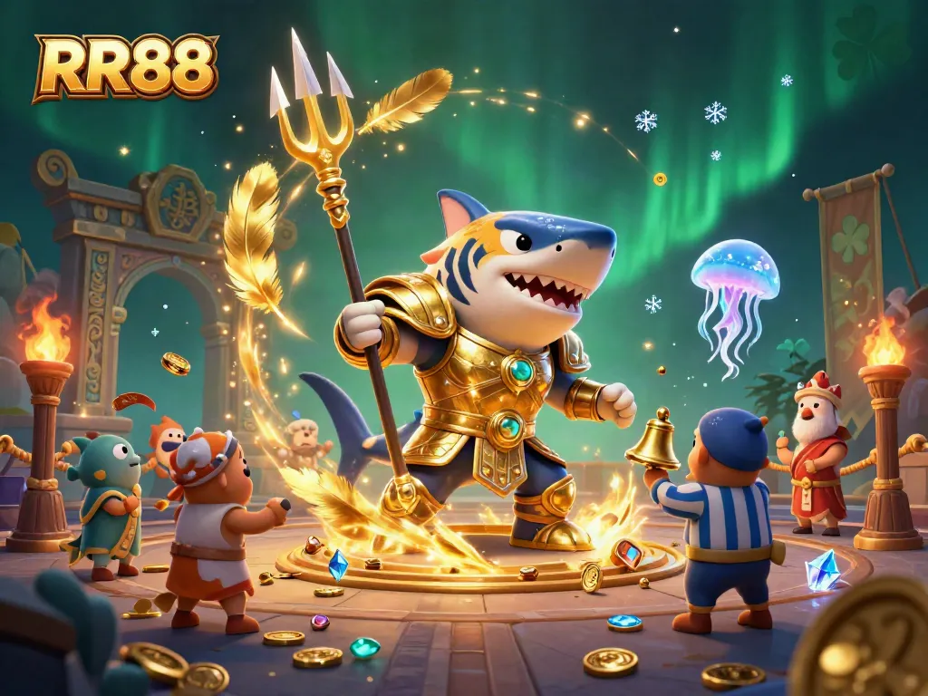 Win at RR88 with this vibrant and dynamic underwater casino scene featuring an armored tiger shark.