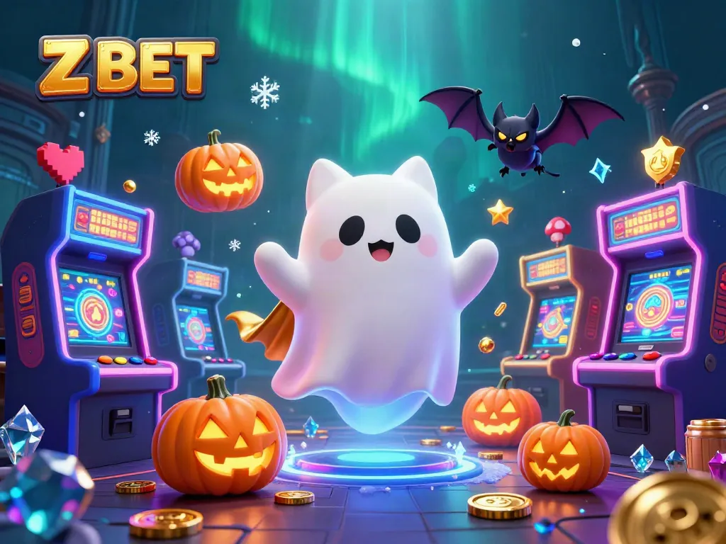 Z BET showcases a ghost cat and vampire bat in a haunted casino with vibrant game elements.