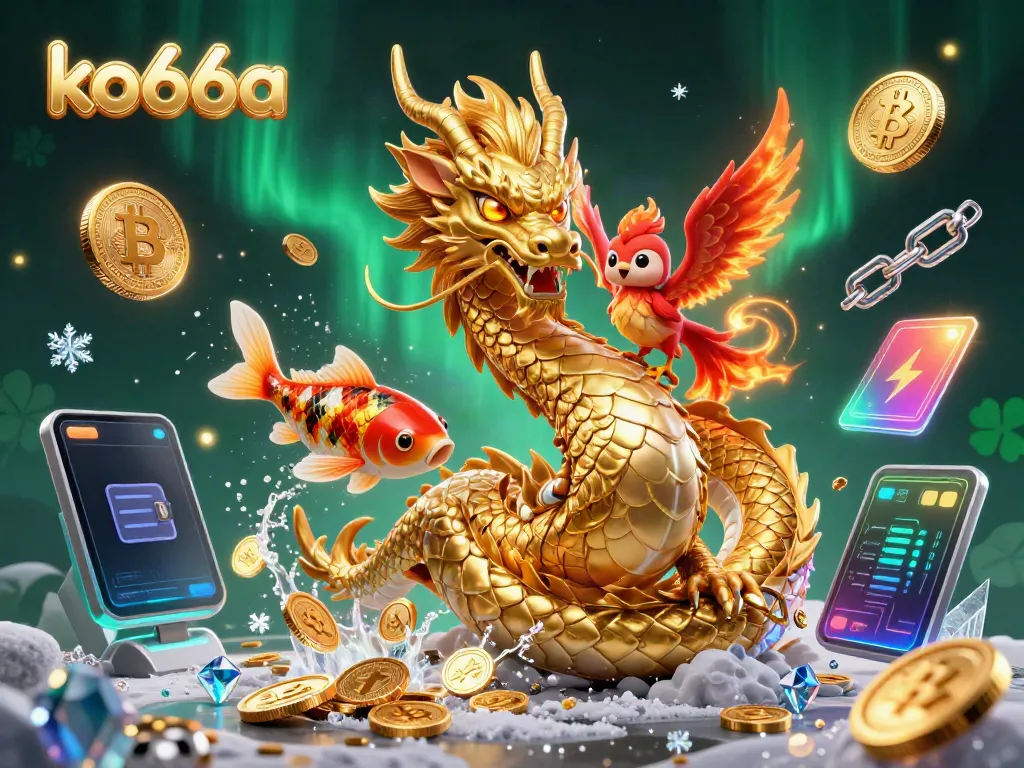 Engage with the vibrant ko66a casino scene featuring a fierce dragon, a phoenix, and a koi fish amidst cryptocurrencies and gaming elements.