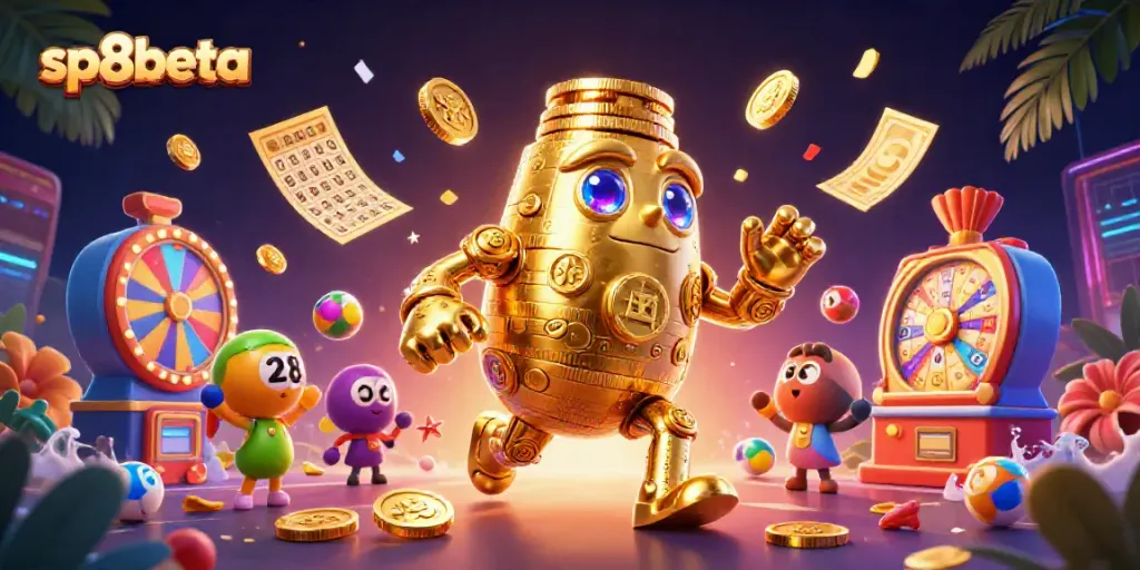 Experience the excitement at sp8beta casino with vibrant lottery balls and gold coins in a dynamic gaming scene.