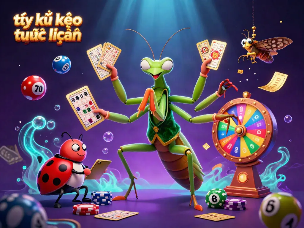 Experience the thrill of tỷ lệ kèo trực tuyến with a dynamic scene of a card sharp and pit boss surrounded by colorful lottery elements.