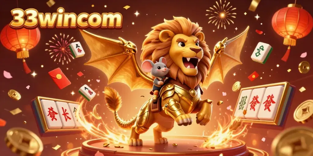 The chimera creature and mouse jockey celebrate winning at 33wincom casino with floating gold coins and vibrant decorations.