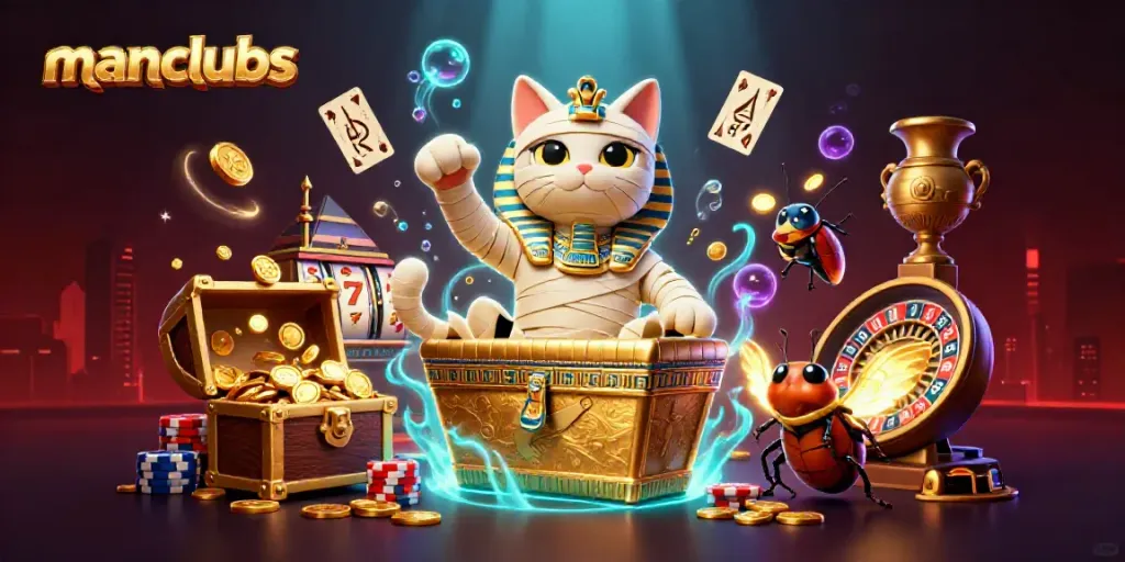 Experience the excitement at manclubs with a dynamic 3D illustration of gaming elements and vibrant symbols.