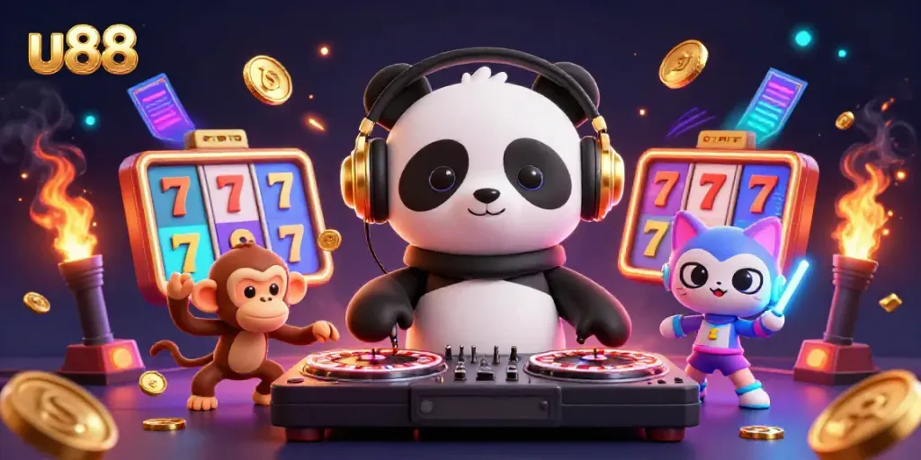 Experience thrilling wins at u88 with vibrant 3D characters in a lively casino scene.