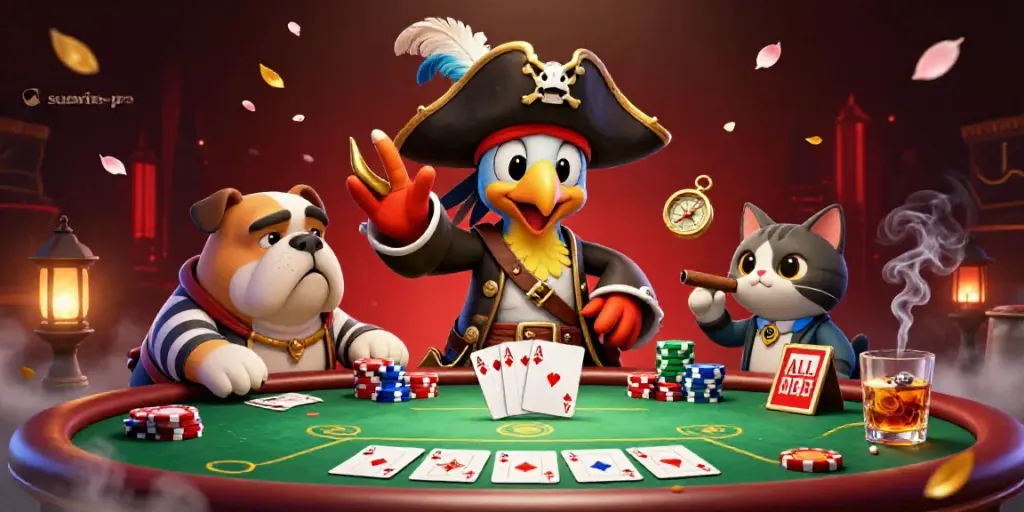 Engage with sunwin-pro's exciting poker scene featuring a pirate captain and colorful chips.