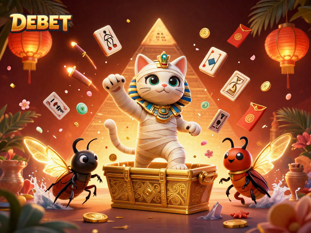 Engage with DEBET as the Egyptian mummy cat bursts from the sarcophagus, surrounded by casino excitement.