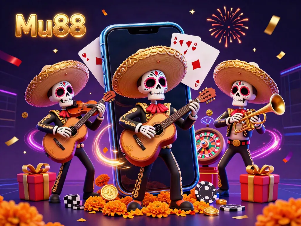 Experience thrilling action at Mu88 with a lively colorful 3D scene featuring a mariachi band amidst casino elements and festive decorations.