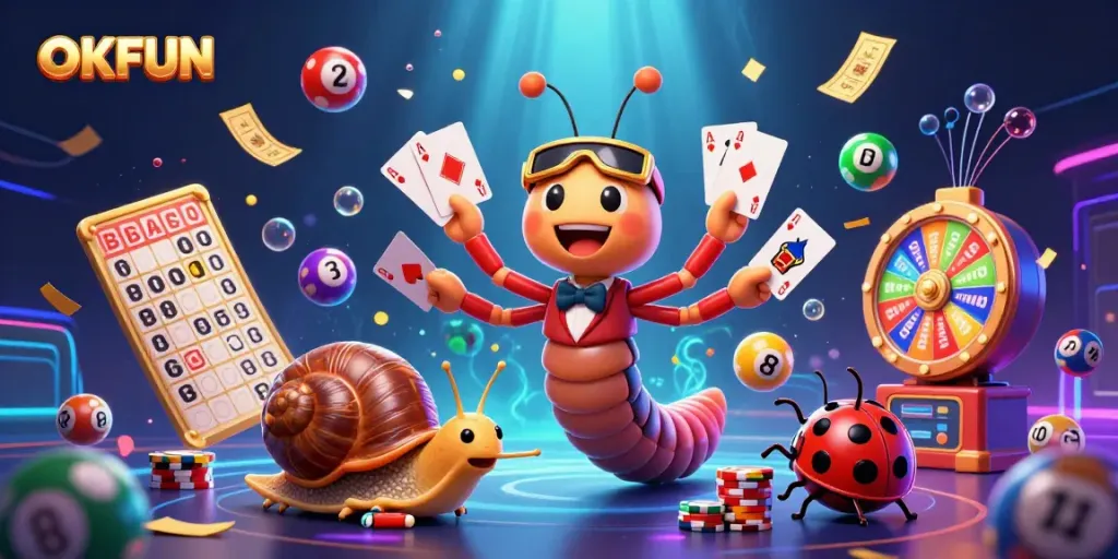 Experience the excitement of OKFUN with a colorful 3D casino scene featuring a millipede dealer and a snail high-roller.