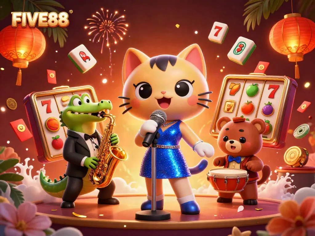 Experience the vibrant world of FIVE88 gambling with a lively jazz performance in a colorful casino setting.