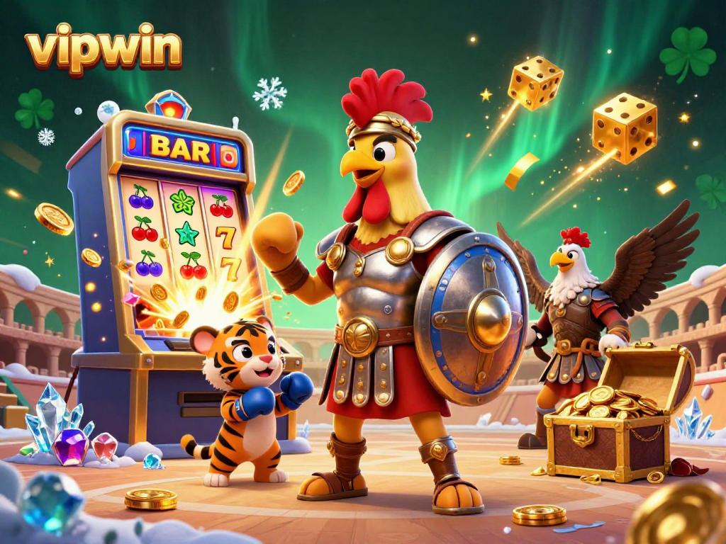 Win big with vipwin's exhilarating atmosphere featuring a rooster gladiator in an epic casino scene.