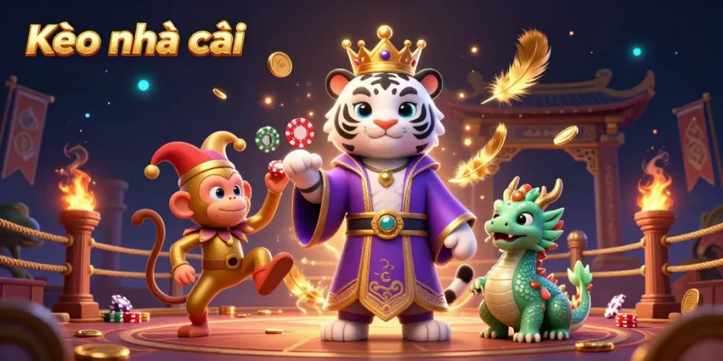 Engage with Kèo nhà cái through a vibrant casino illustration featuring a majestic tiger, playful monkey, and lively jade dragon.