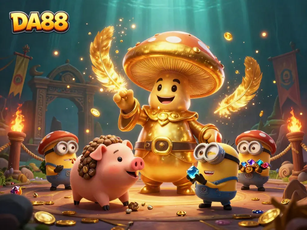 Experience DA88's enchanting gaming realm with golden treasures and mystical characters.