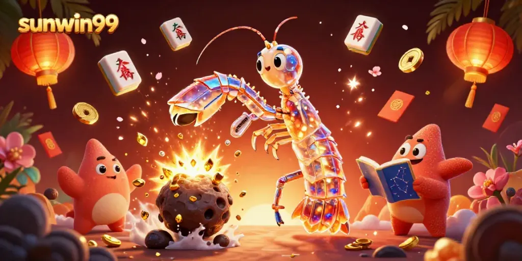 Experience excitement with sunwin99 as a galactic mantis shrimp claims treasure in vibrant casino-themed art.