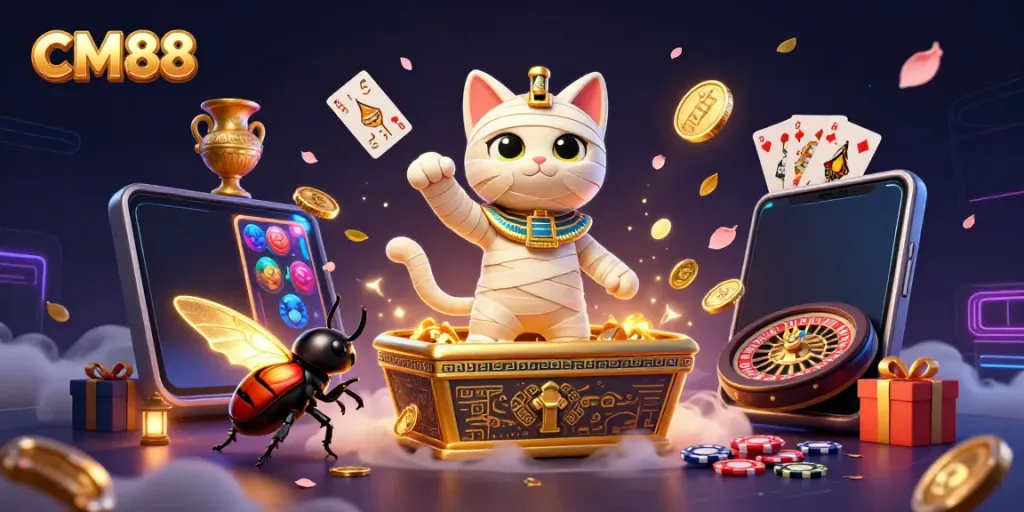 CM88 presents an animated scene with a mummy cat and glowing scarab beetle amid casino games.