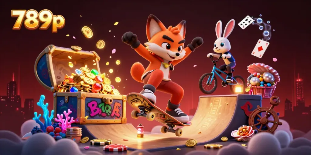 Experience the excitement at 789p with a dynamic casino-themed illustration of a fox and rabbit.