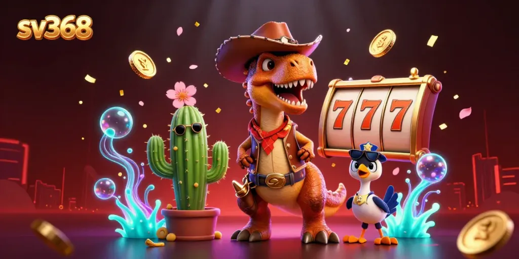 Win big at sv368 with a thrilling casino scene featuring a T-Rex and friends amidst slot reels and gold!
