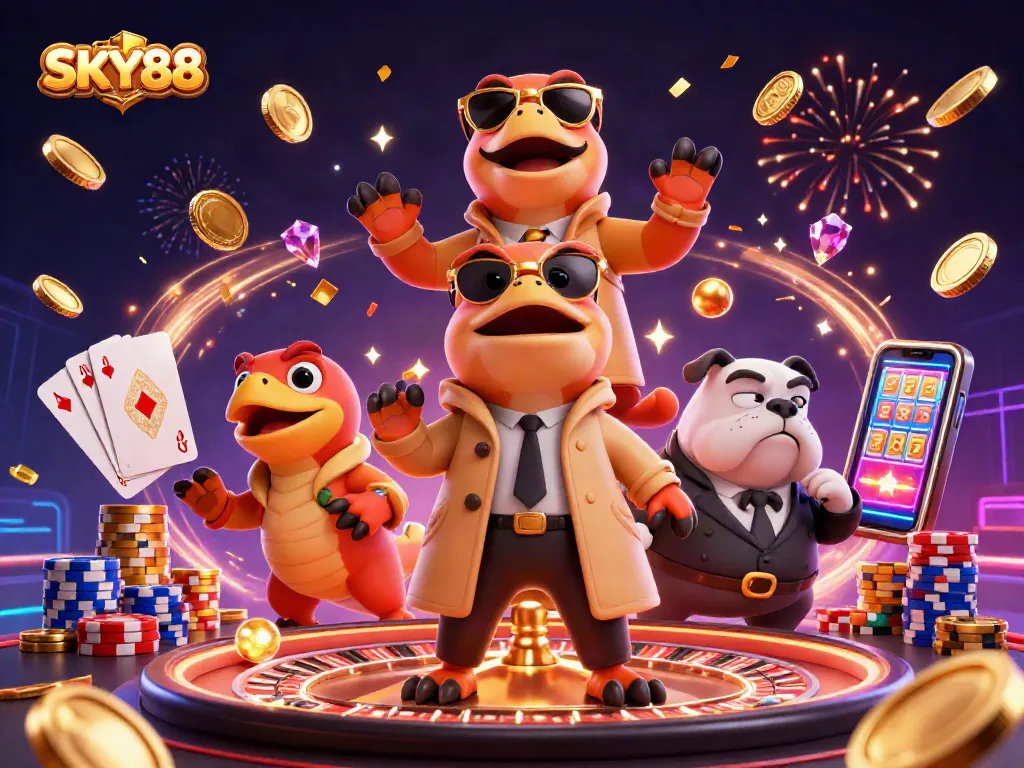 SKY88 players strategizing in a vibrant casino scene with dynamic gambling elements.