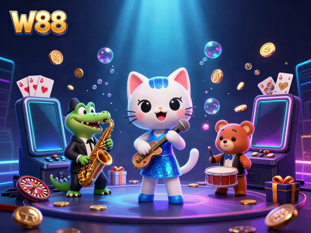 Experience the excitement of W88 with our vibrant 3D casino illustration showcasing colorful games and lively characters.