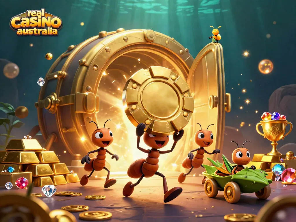 Engage with the vibrant scene of real money casino Australia as cartoon ants team up for a heist, showcasing excitement and adventure.