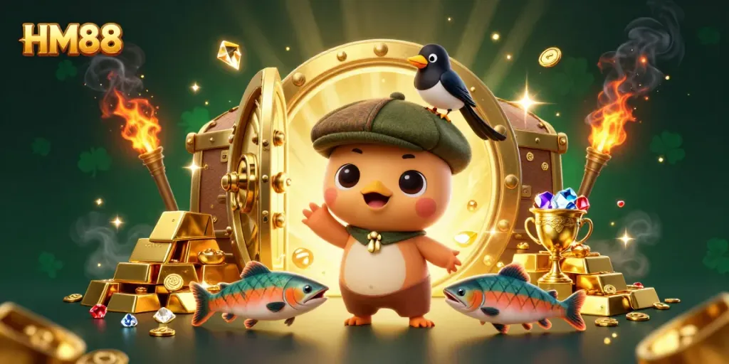 Play and win big with HM88 in a vibrant casino-themed scene featuring treasure and fun characters.