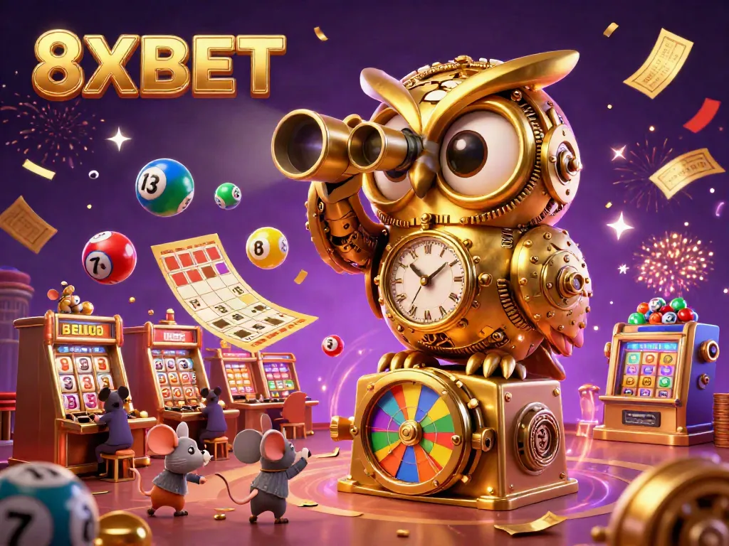 Engage with 8XBET's vibrant casino world through a dynamic illustration featuring a golden owl, whimsical mice, and lively game elements.