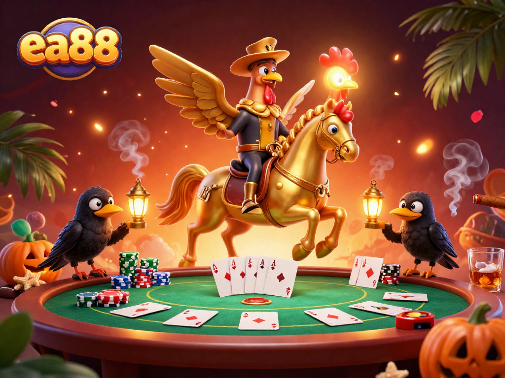 Experience the excitement of ea88 at a vibrant midnight casino with a golden rooster and crow companions.