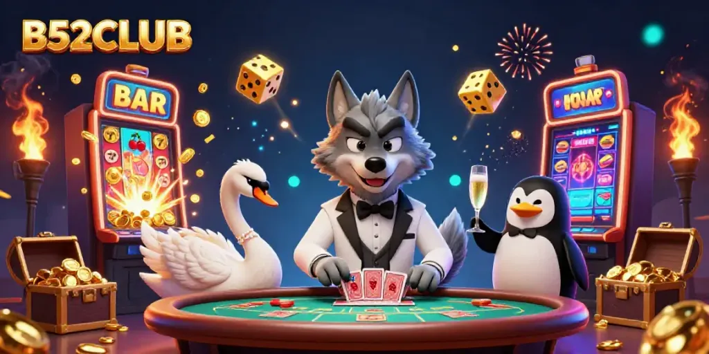 Experience the thrill of B52CLUB with dazzling casino characters and vibrant game elements in action.