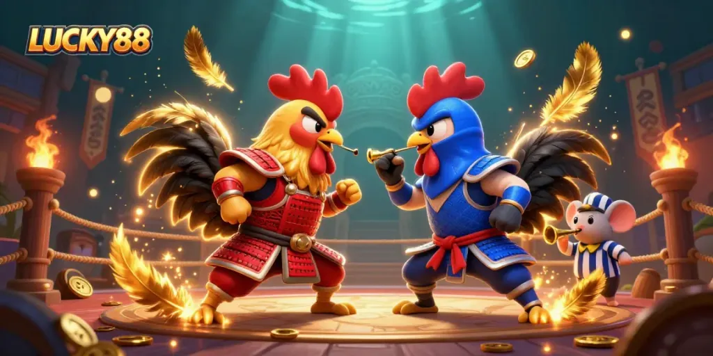 Engage in thrilling action with LUCKY88's dynamic rooster fight scene, filled with vibrant gambling elements.