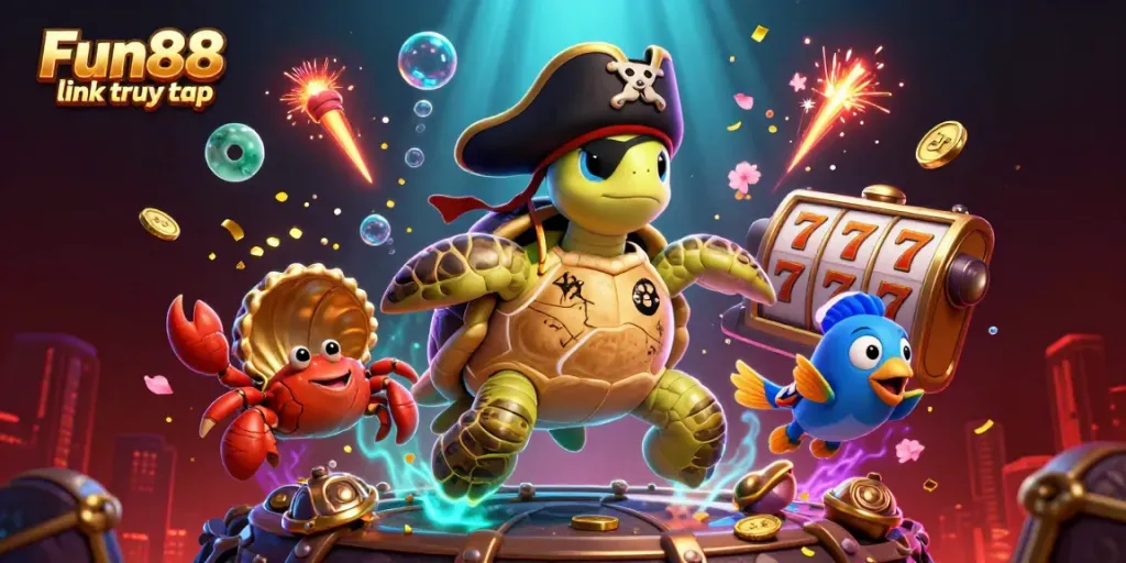 Exciting Fun88 link truy cập scene with cartoon pirate turtle and treasures in vibrant casino theme.