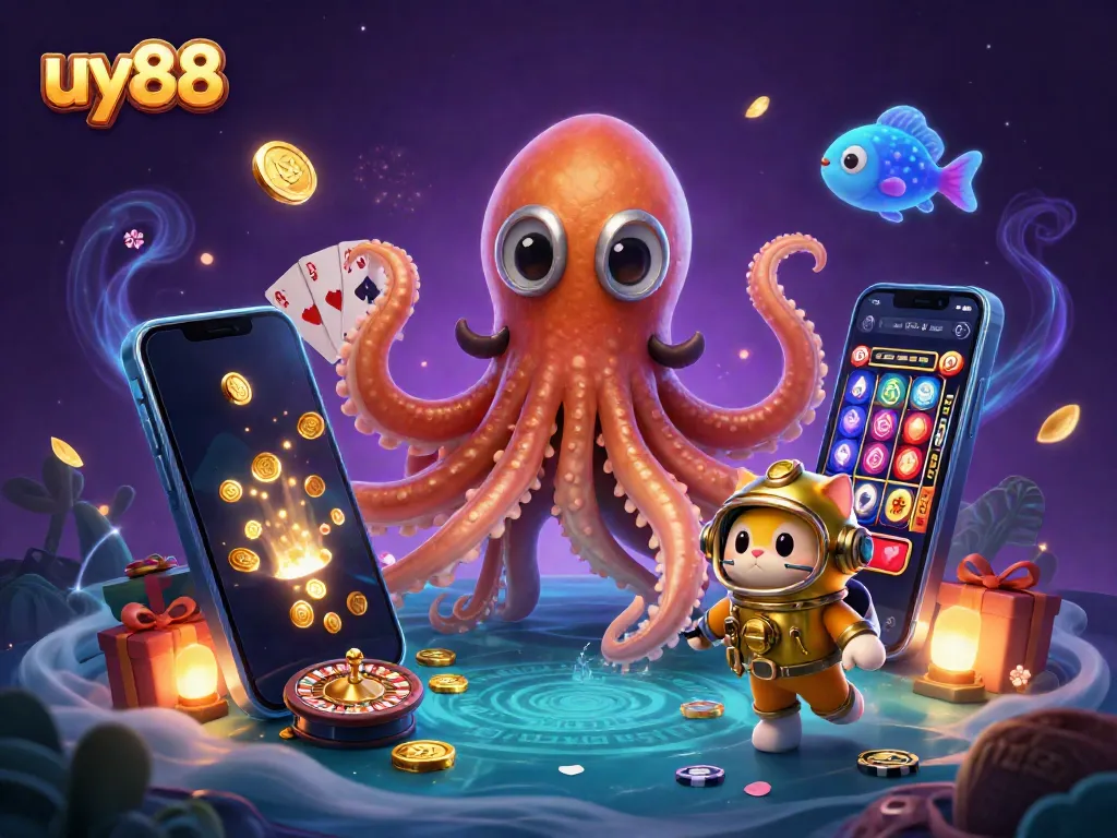 Win big with uy88's exhilarating slot games featuring a treasure-hunting kraken and diving cat!