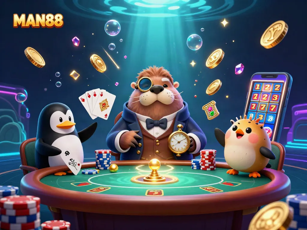 MAN88 showcases a jolly walrus and friends at an underwater poker table amidst sparkling casino elements.