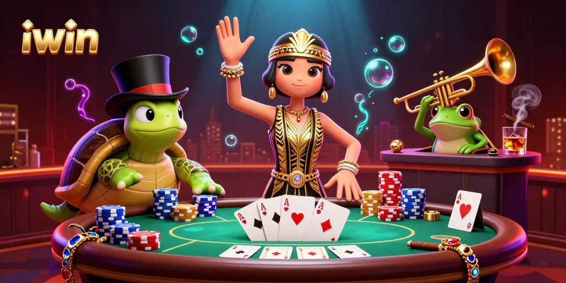 Engage with iwin's vibrant poker scene featuring colorful chips and animated characters.
