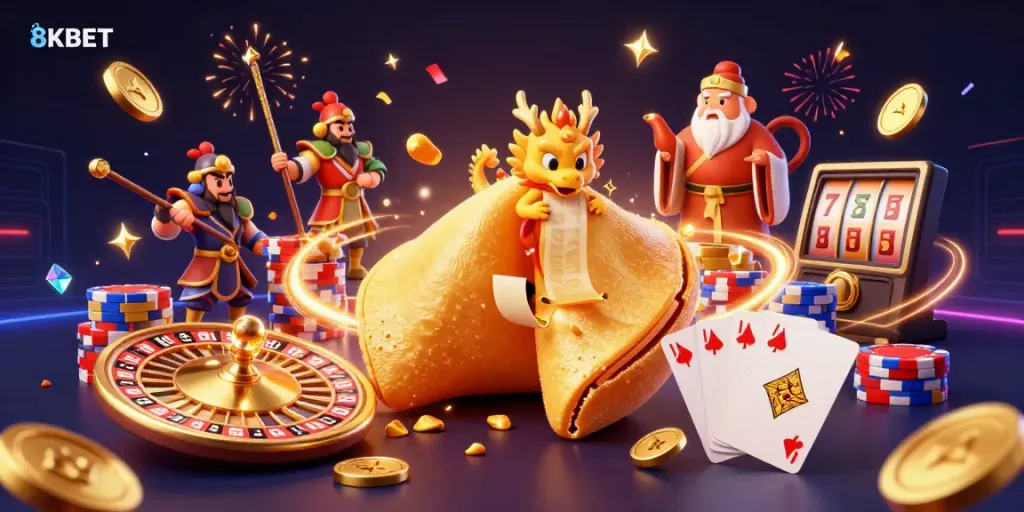 8KBET: Enjoy a vibrant casino scene featuring a giant golden fortune cookie, cascading gems, and lucky symbols.