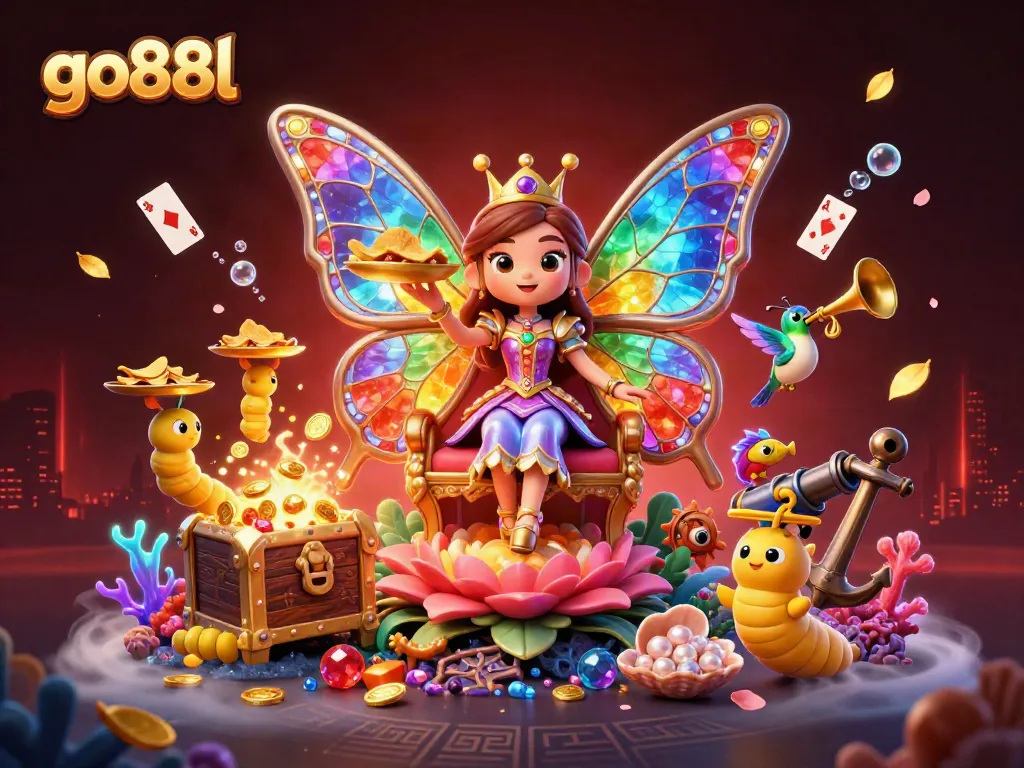 Experience thrilling gameplay with go88l, showcasing a vibrant butterfly queen and mesmerizing casino elements.