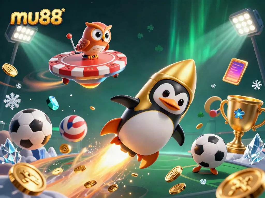 Bet on mu88 with exciting golden penguin in a vibrant casino-themed space adventure.